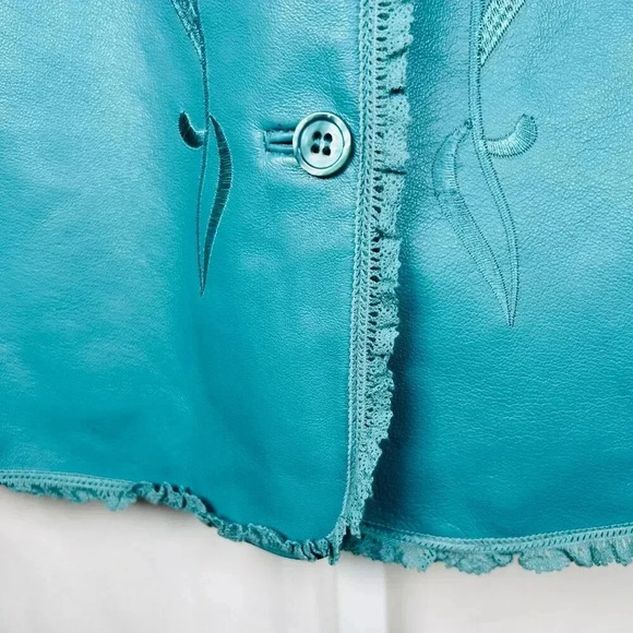 Vintage Terry Lewis Size Large Leather Coat Embroidered Eyelet Ruffle Teal - Picture 8 of 16